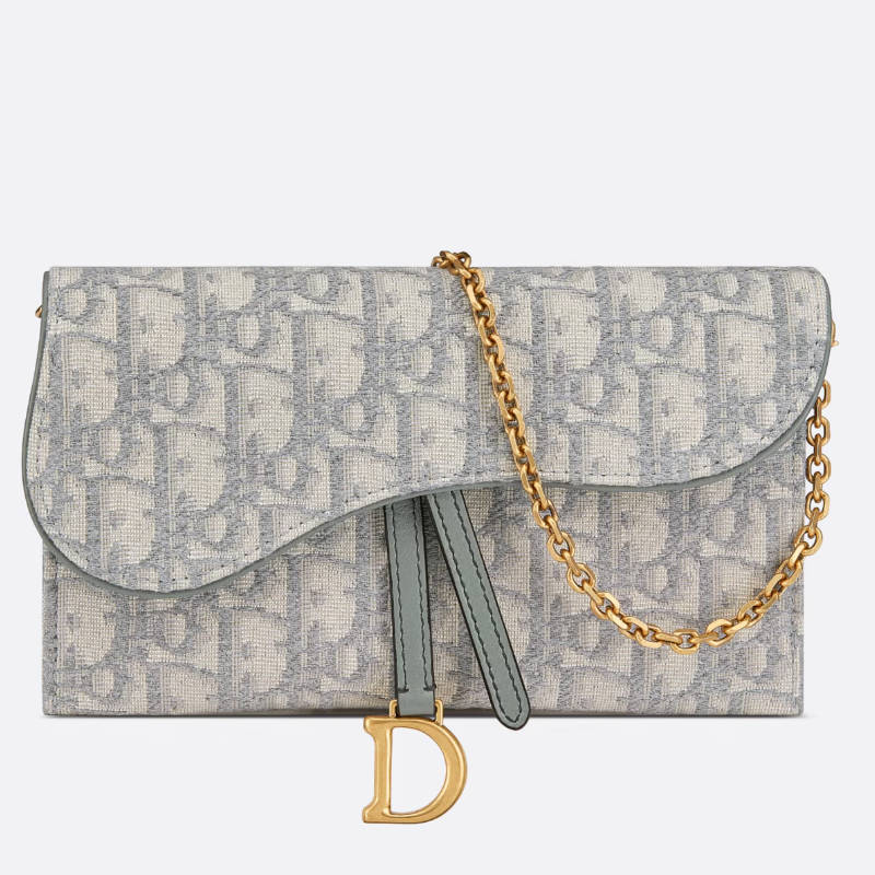 DIOR Long Saddle Wallet with Chain Gray Dior Oblique Jacquard