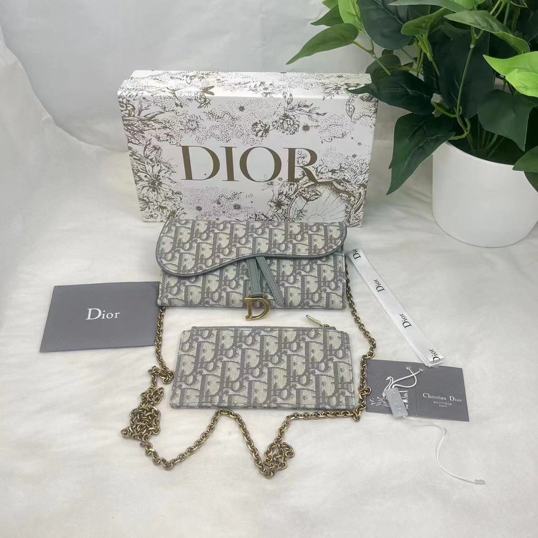 DIOR Long Saddle Wallet with Chain Gray Dior Oblique Jacquard