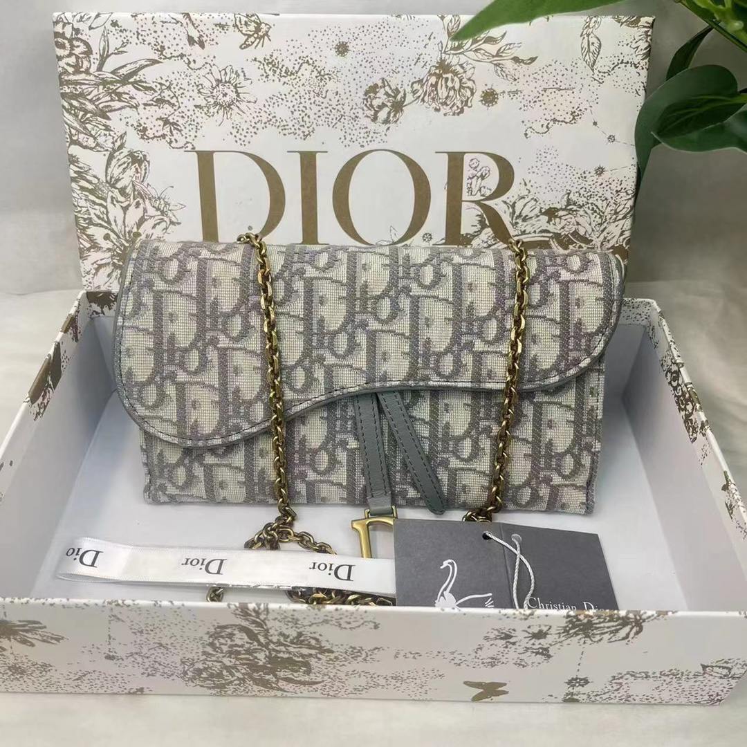 DIOR Long Saddle Wallet with Chain Gray Dior Oblique Jacquard