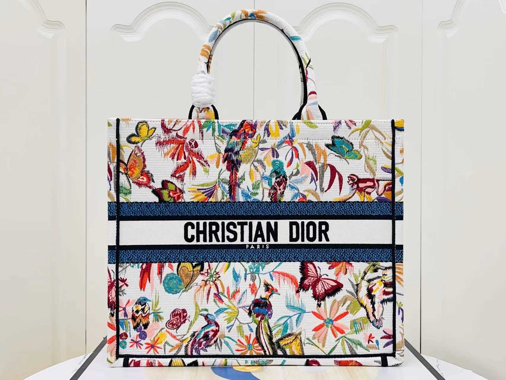 DIOR Large Book Tote White Multicolor Toile de Jouy Fantastica Embroidery