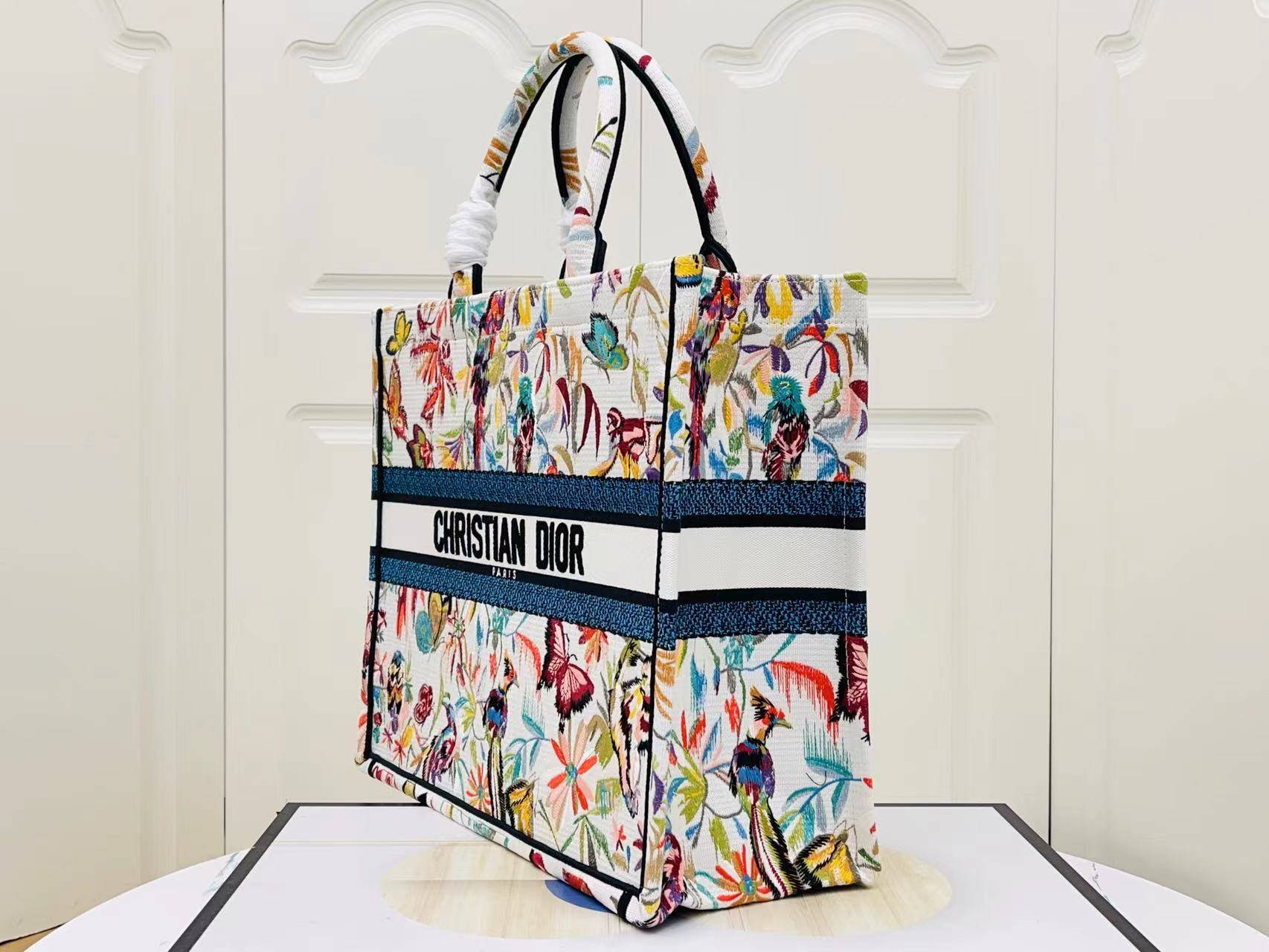 DIOR Large Book Tote White Multicolor Toile de Jouy Fantastica Embroidery