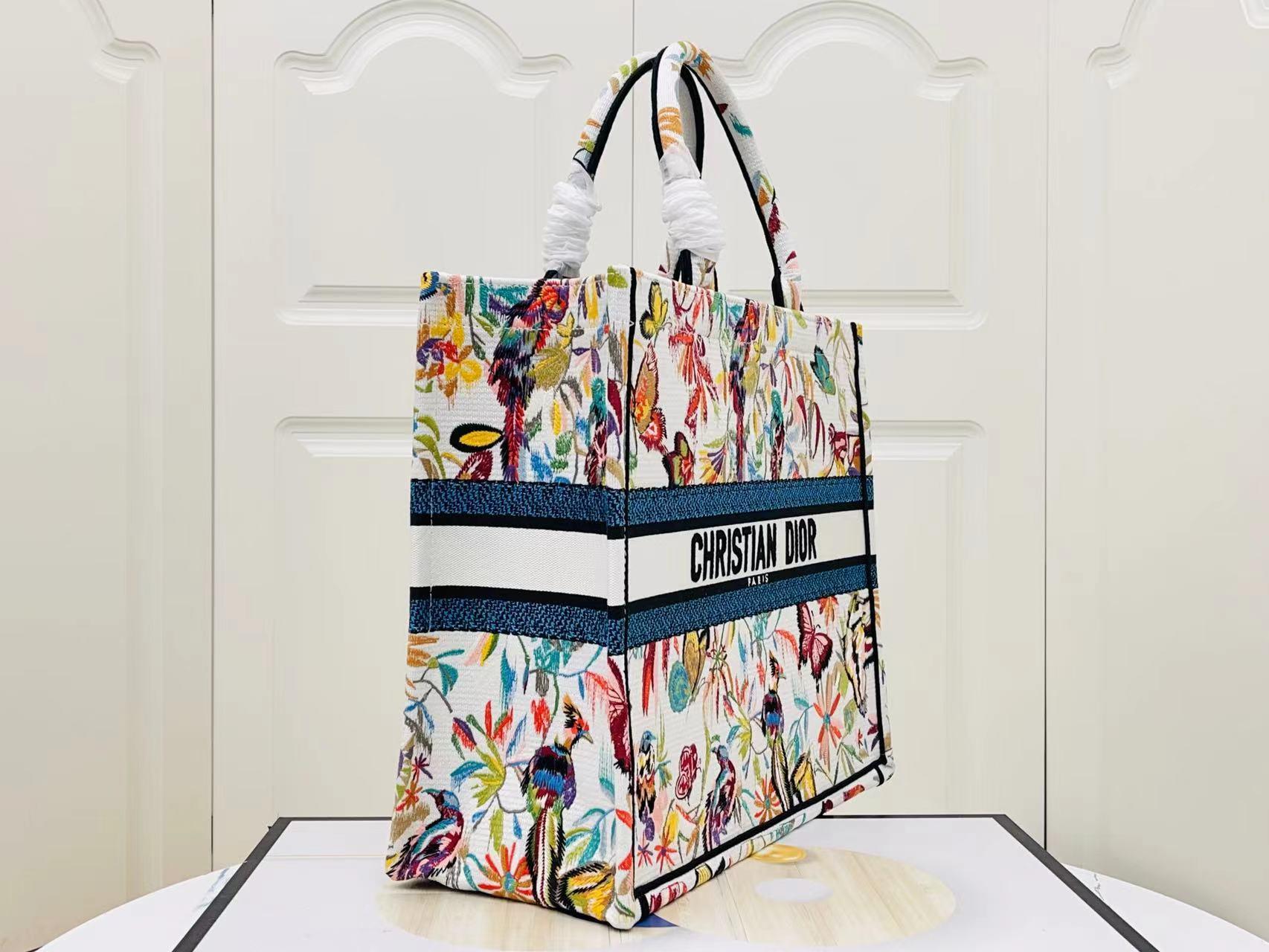 DIOR Large Book Tote White Multicolor Toile de Jouy Fantastica Embroidery