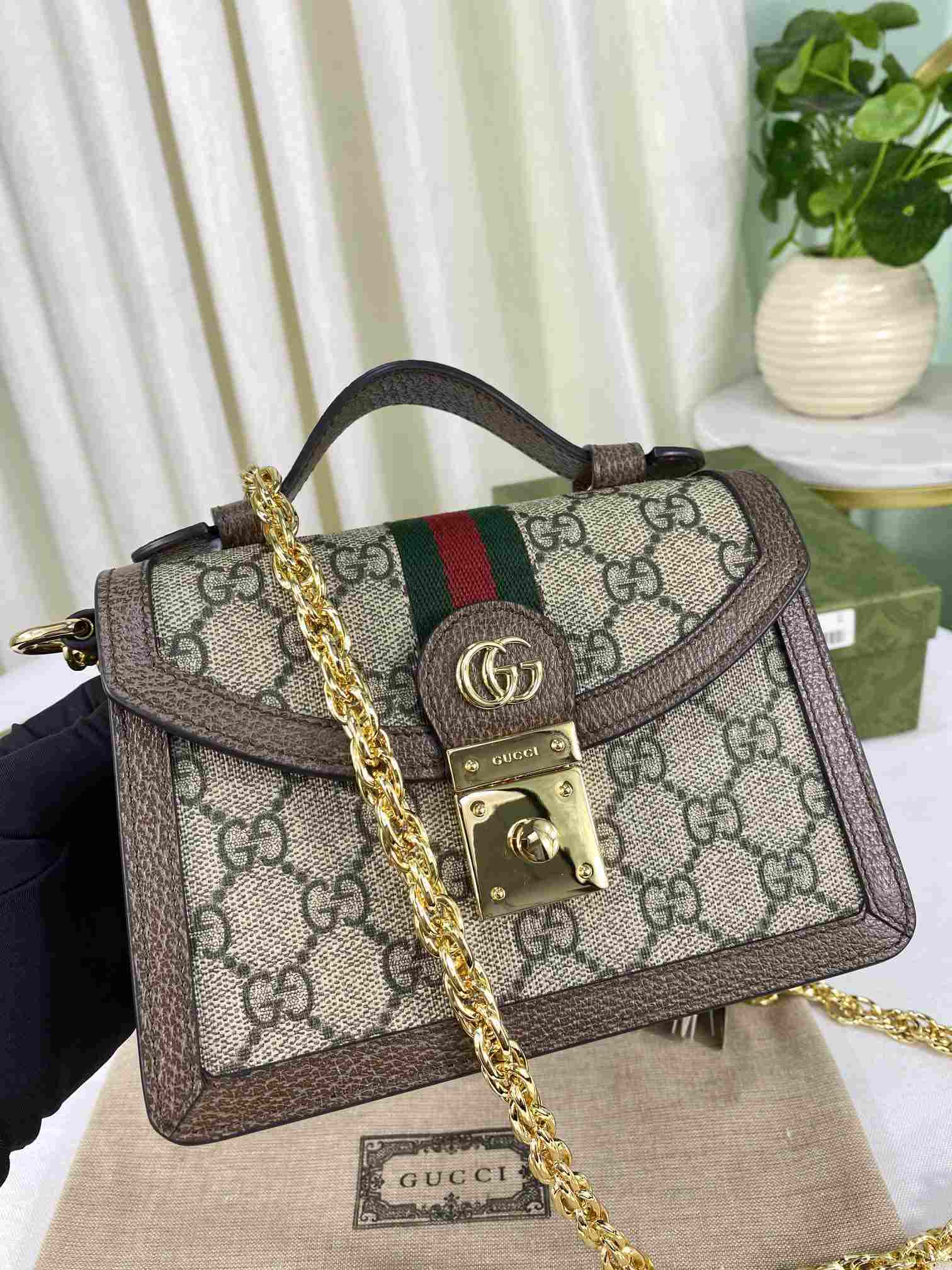 GUCCI Ophidia Mini Shoulder Bag Brown leather trim