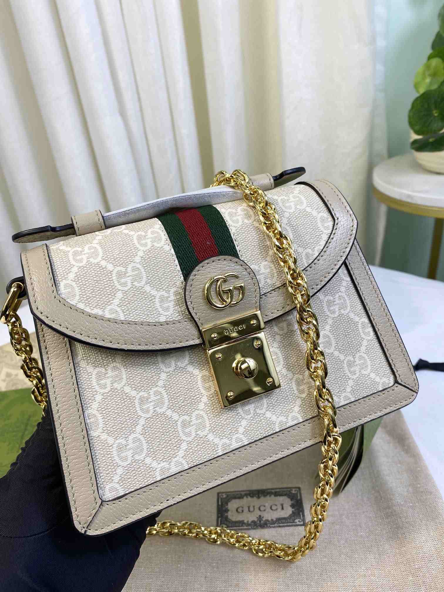 GUCCI Ophidia Mini Shoulder Bag Oatmeal leather trim