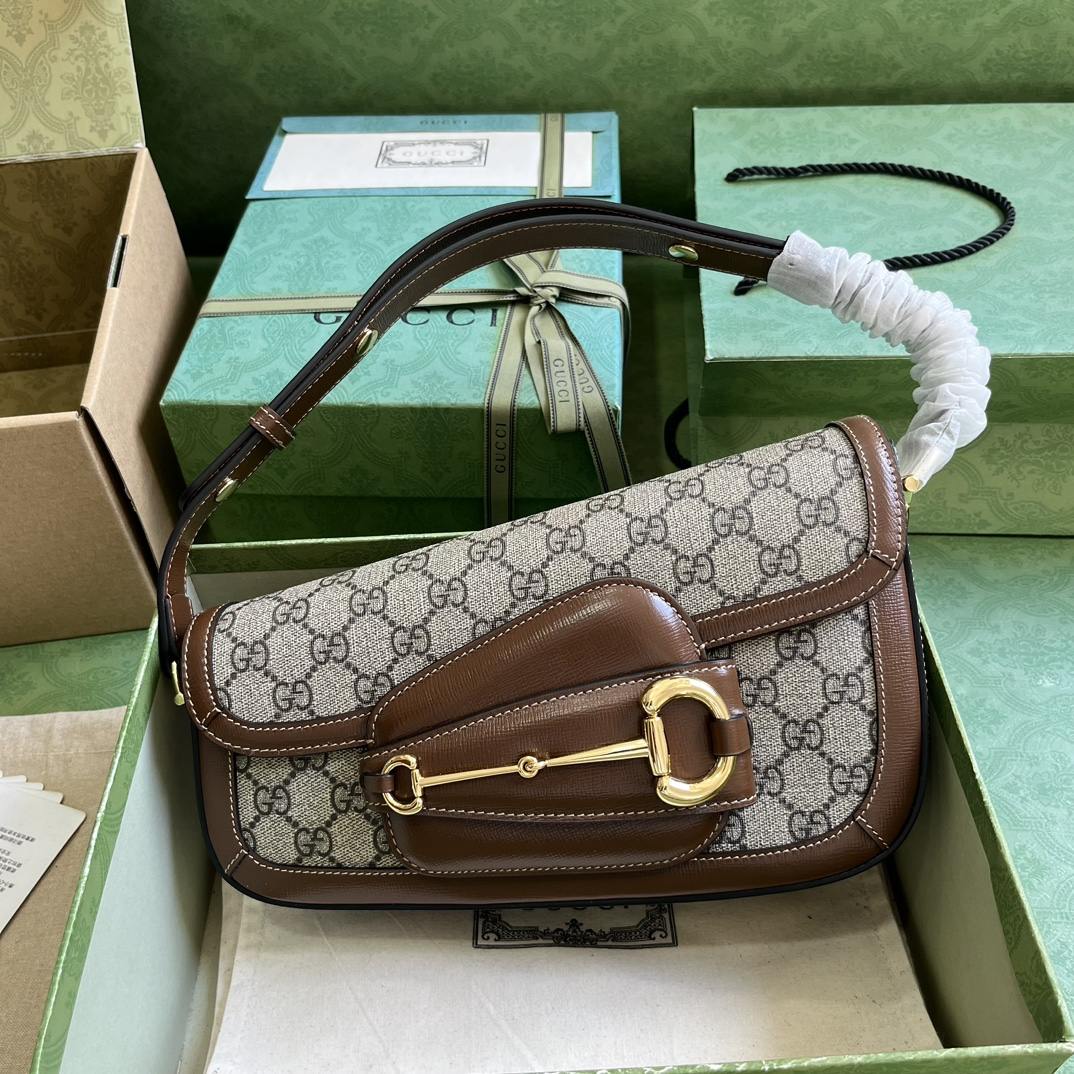 GUCCI Horsebit 1955 Small Shoulder Brown leather trim