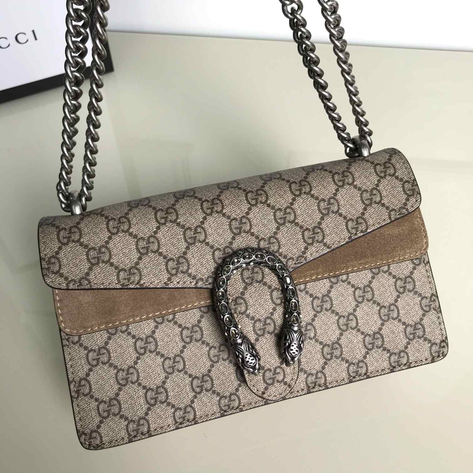 GUCCI Dionysus Small Rectangular Bag Taupe suede