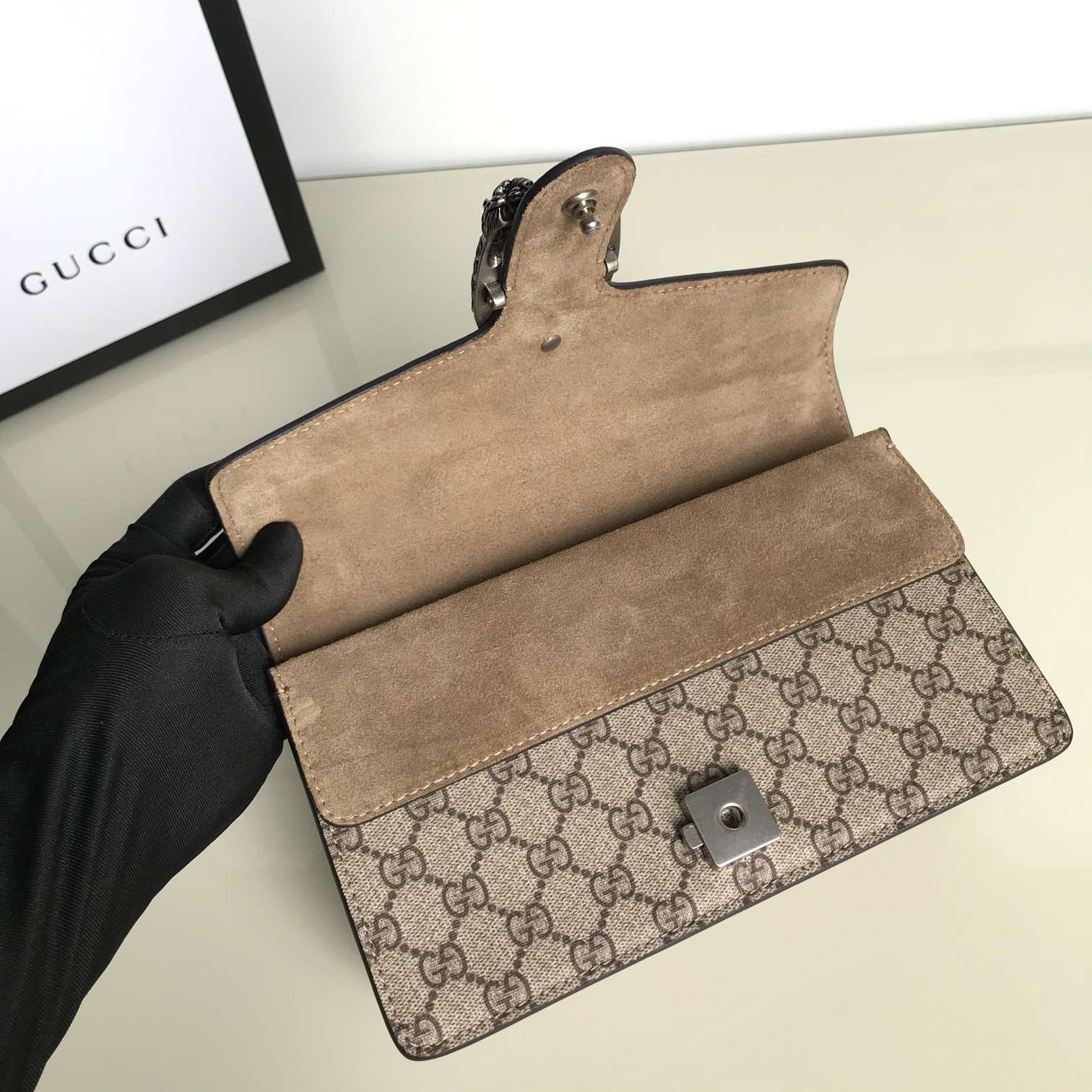 GUCCI Dionysus Small Rectangular Bag Taupe suede