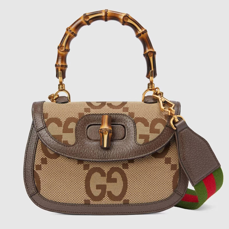 GUCCI Bamboo 1947 Small Top Handle Bag Camel and ebony jumbo GG canvas