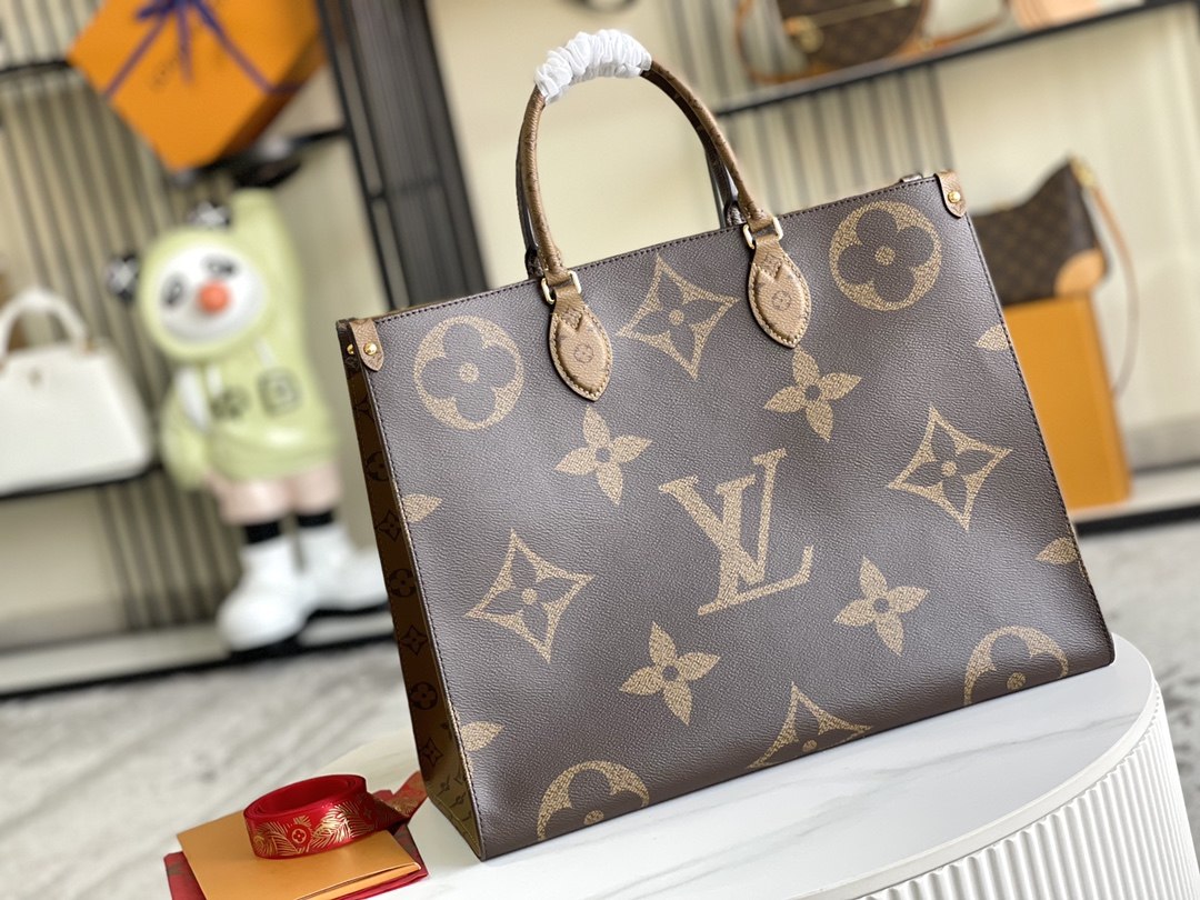 LOUIS VUITTON OnTheGo GM Tote Bag Monogram and Monogram Reverse coated canvas trim